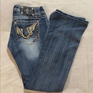 Miss Me Jeweled Horseshoe Feather Denim Jeans